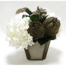 Load image into Gallery viewer, Small Wooden Container Patina Distressed w/ Bronze - Banksia Bronze &amp; Hydrangea White