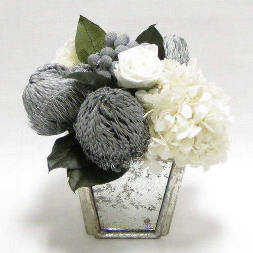 Small Wooden Container Silver Antique w/Mirror - Banksia Silver & Hydrangea White..