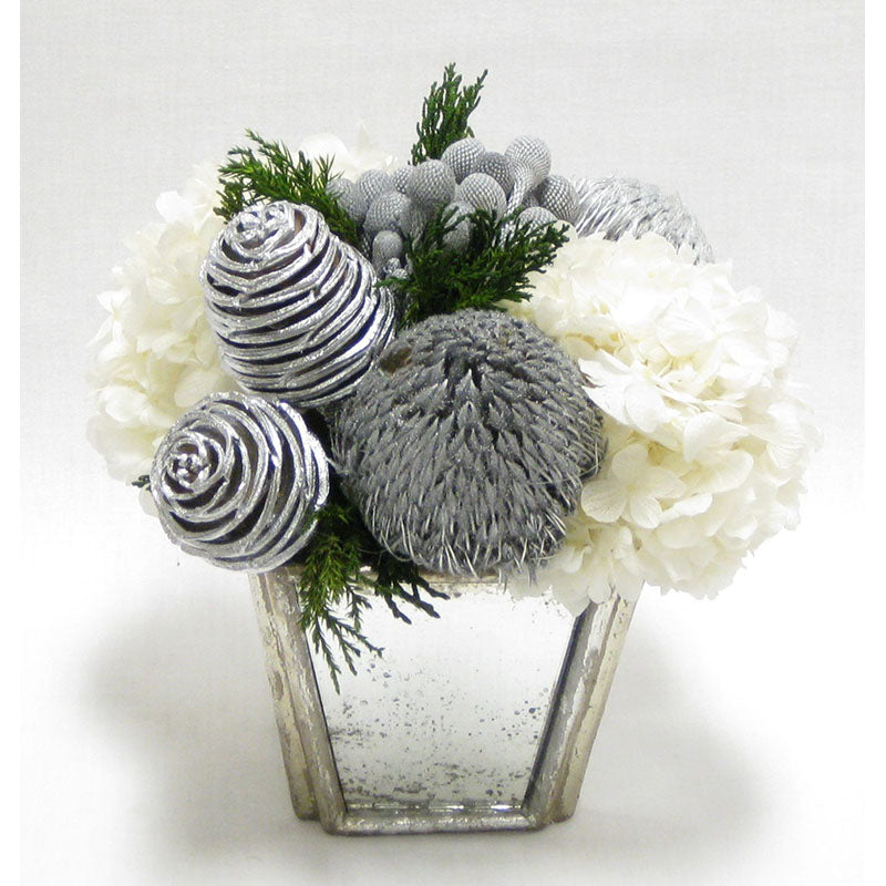 Small Wooden Container Silver Antique w/Mirror - Spiral Cones Silver & Hydrangea White..