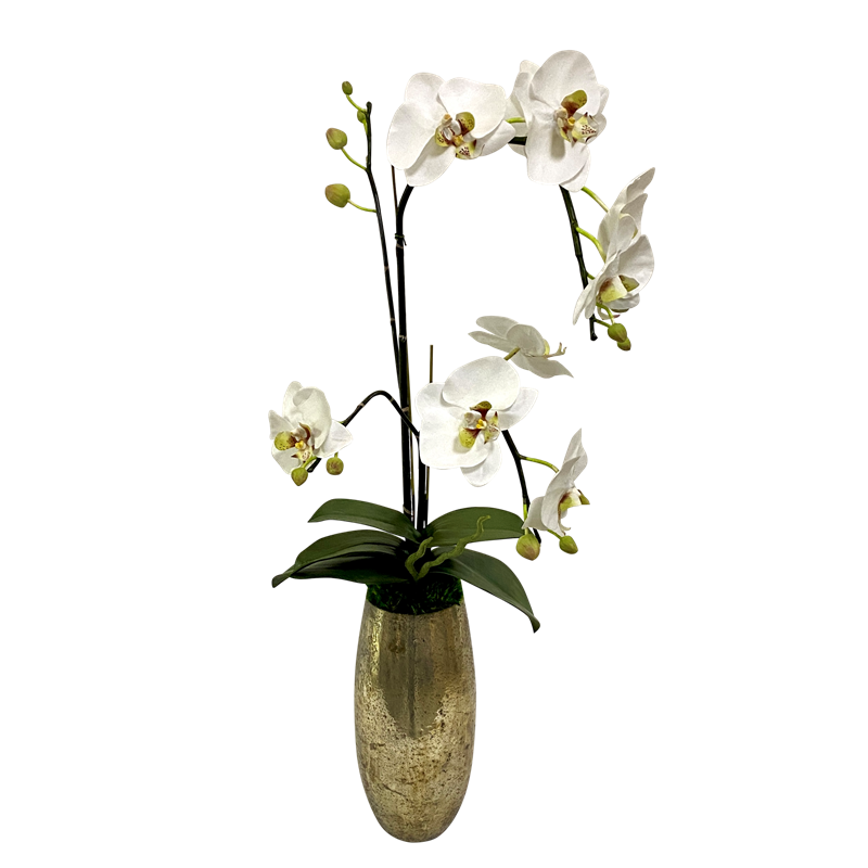 Tall Gold/Silver Vase - Artificial Orchids White & Green